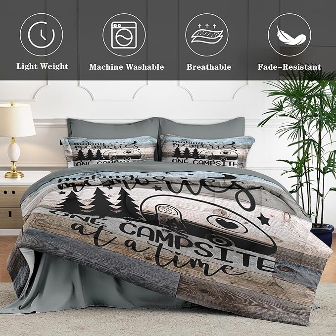 Queen Comforter Set 7-Piece Retro Wood Camp Bedding