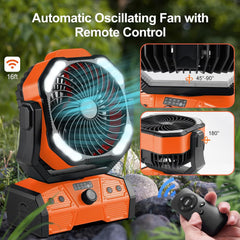 Oscillating camping fan with lantern
