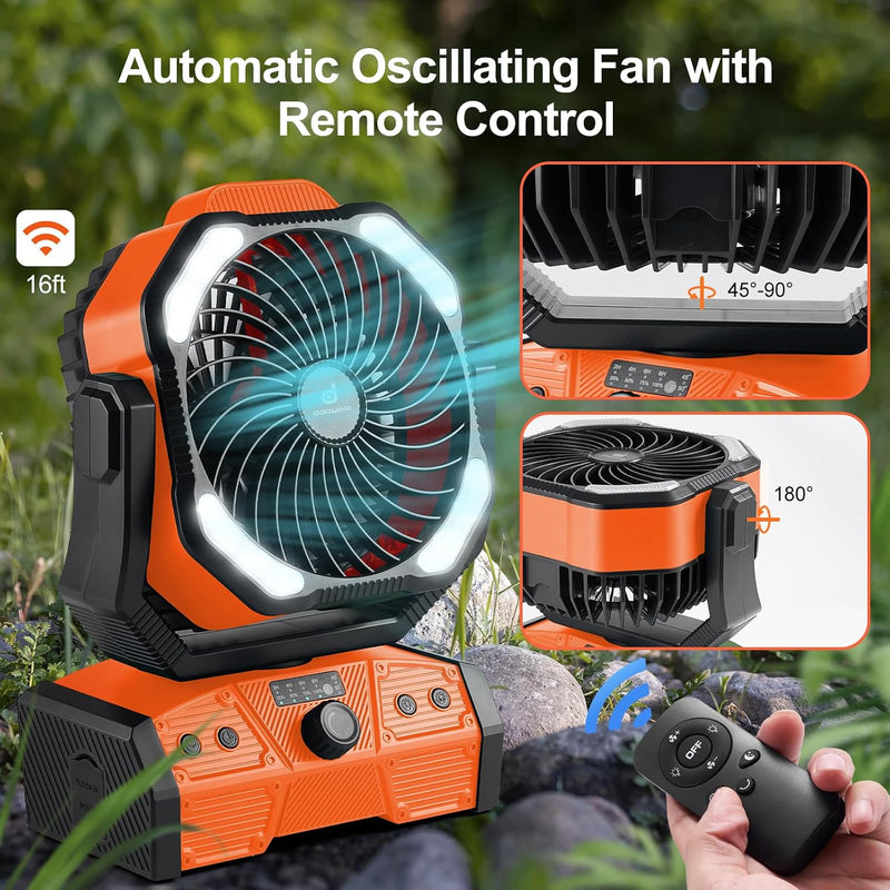Oscillating camping fan with lantern