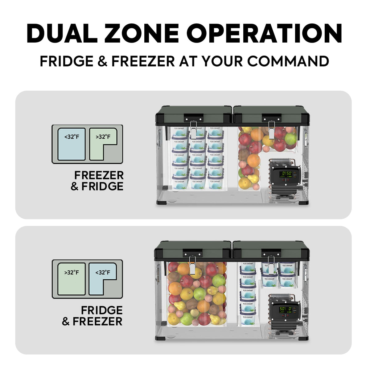 ICECO VL60D dual zone layouts: freezer and fridge, or fridge and freezer