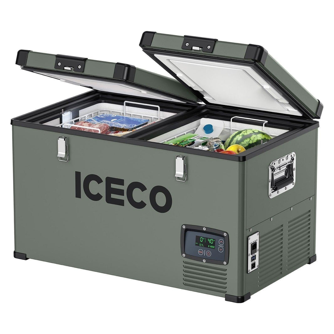ICECO VL60D dual zone fridge freezer in olive green with both lids open and food inside