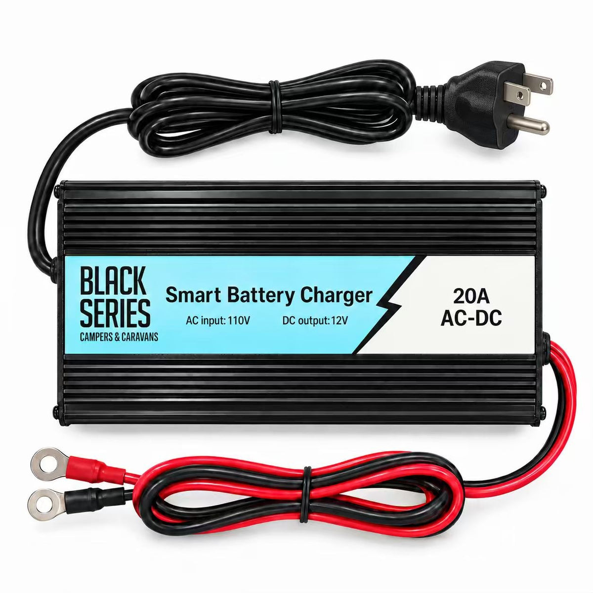 20A 12V AC-DC smart battery charger, 110V input with US 3-prong plug and ring-terminal leads