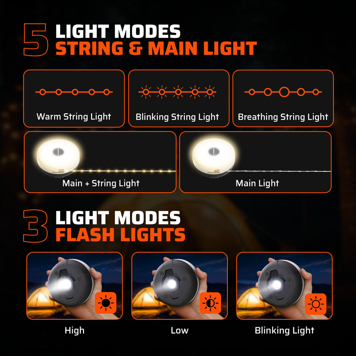 Retractable LED camping string light with power bank