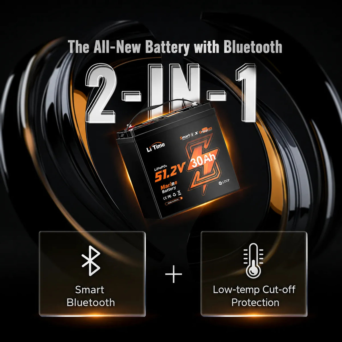 LiTime 48V 30Ah GC2 Bluetooth LiFePO4 Golf Cart & Marine Battery