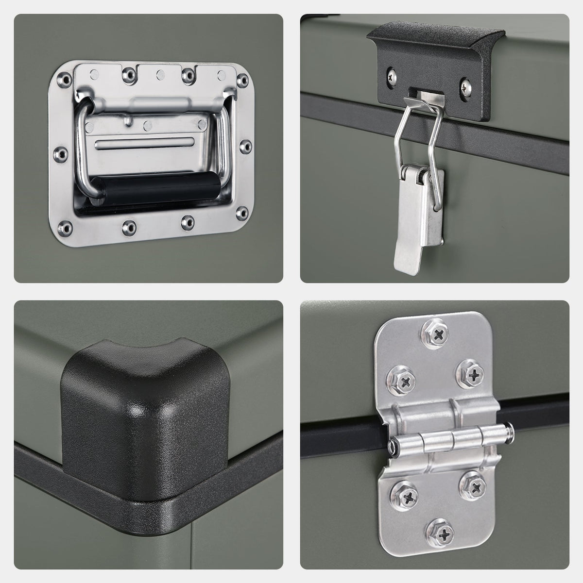 ICECO VL60D close-ups: recessed metal handle, lid latch, corner cap and steel hinge