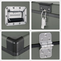 ICECO VL60D close-ups: recessed metal handle, lid latch, corner cap and steel hinge