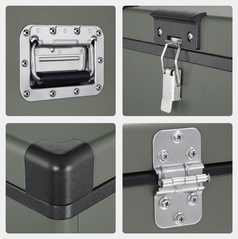 ICECO VL60D close-ups: recessed metal handle, lid latch, corner cap and steel hinge