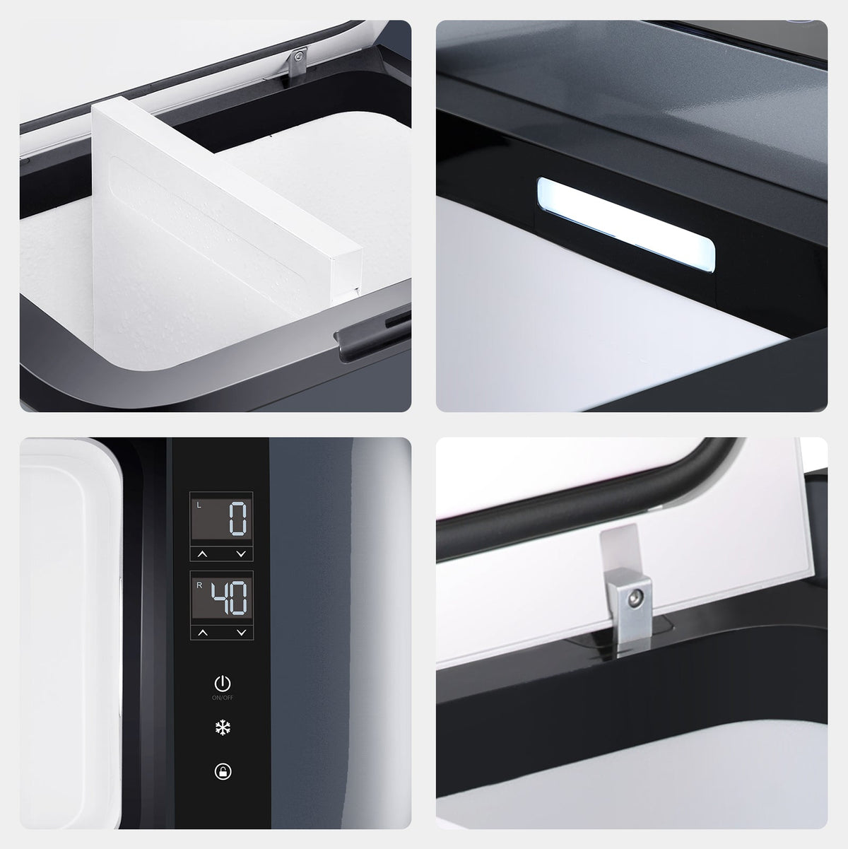 ICECO GO20 close-ups: removable partition, LED light, dual temperature display and lid latch