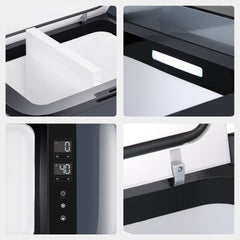 ICECO GO20 close-ups: removable partition, LED light, dual temperature display and lid latch