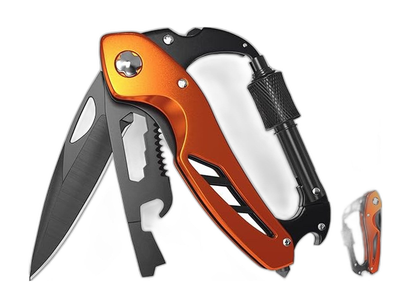 9 in 1 multitool carabiner pocket knife on white background