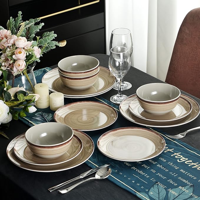 Melamine Dinnerware Set for 4 12-Piece Plates & Bowls Brown