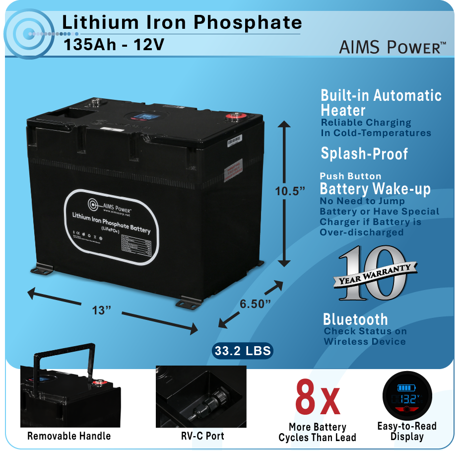 AIMS Power 12V 135Ah LiFePO4 Battery, RV-C, Bluetooth, Heated - view 2