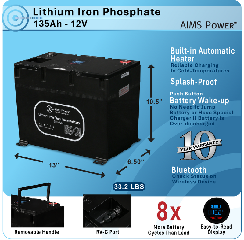 AIMS Power 12V 135Ah LiFePO4 Battery, RV-C, Bluetooth, Heated - view 2