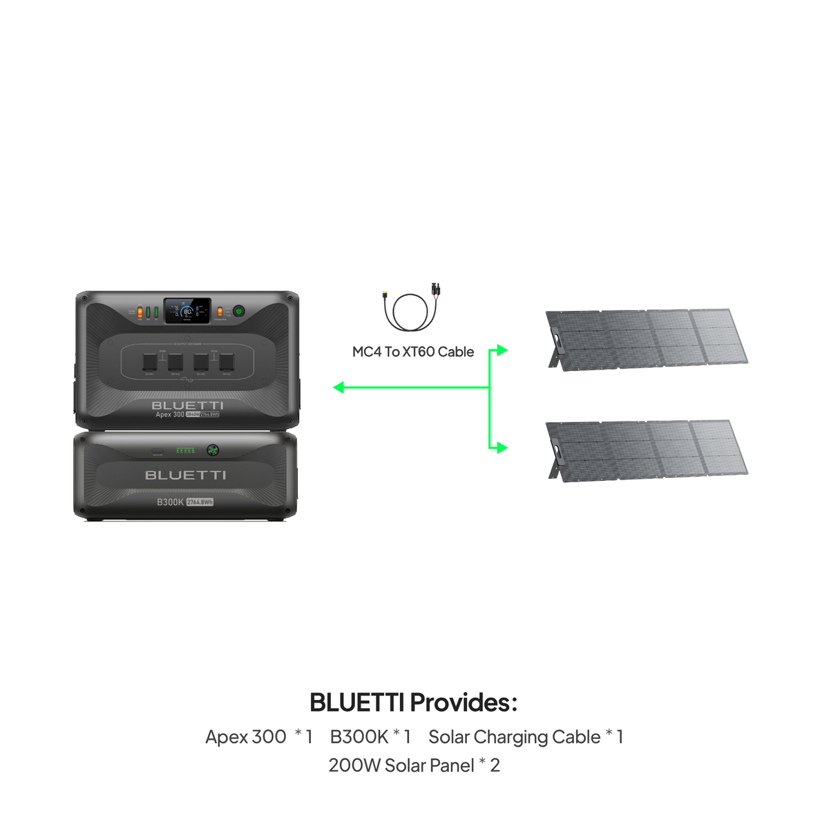 BLUETTI Apex 300 with B300K battery and two 200W solar panels