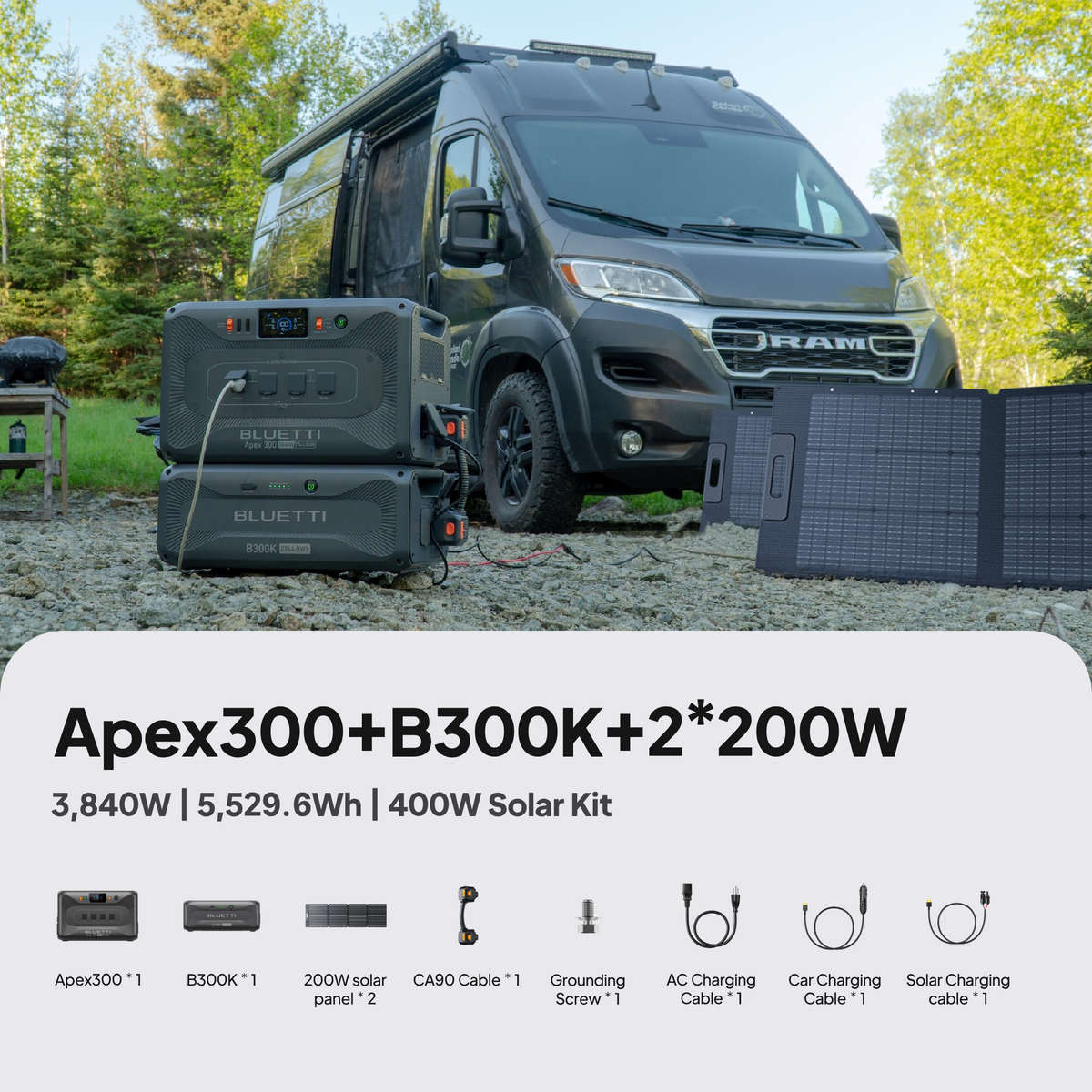 BLUETTI Apex 300 with B300K battery and two 200W solar panels