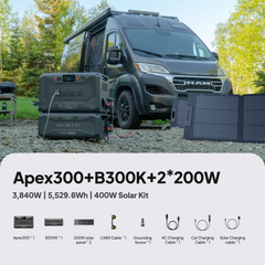 BLUETTI Apex 300 with B300K battery and two 200W solar panels