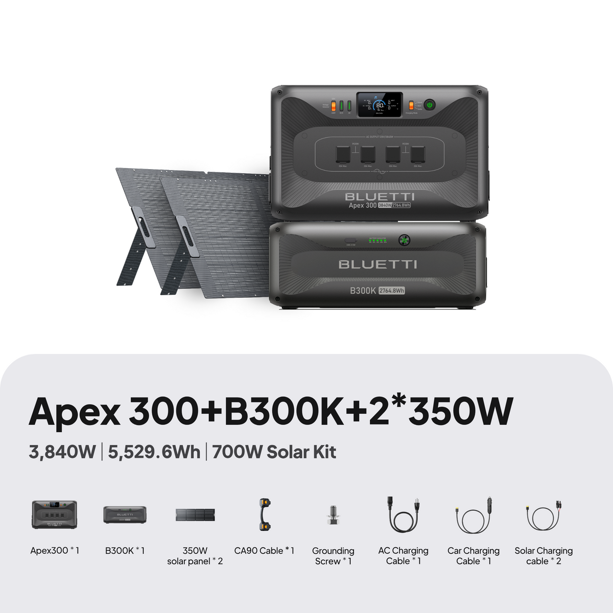 BLUETTI Apex 300 with B300K battery and two 350W solar panels