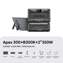 BLUETTI Apex 300 with B300K battery and two 350W solar panels