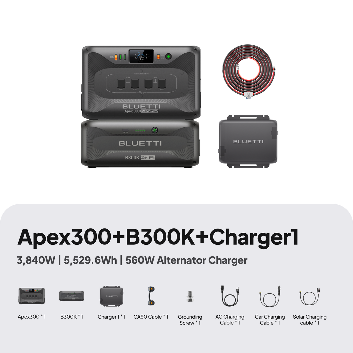 BLUETTI Apex 300 with B300K battery and Charger 1 alternator charger