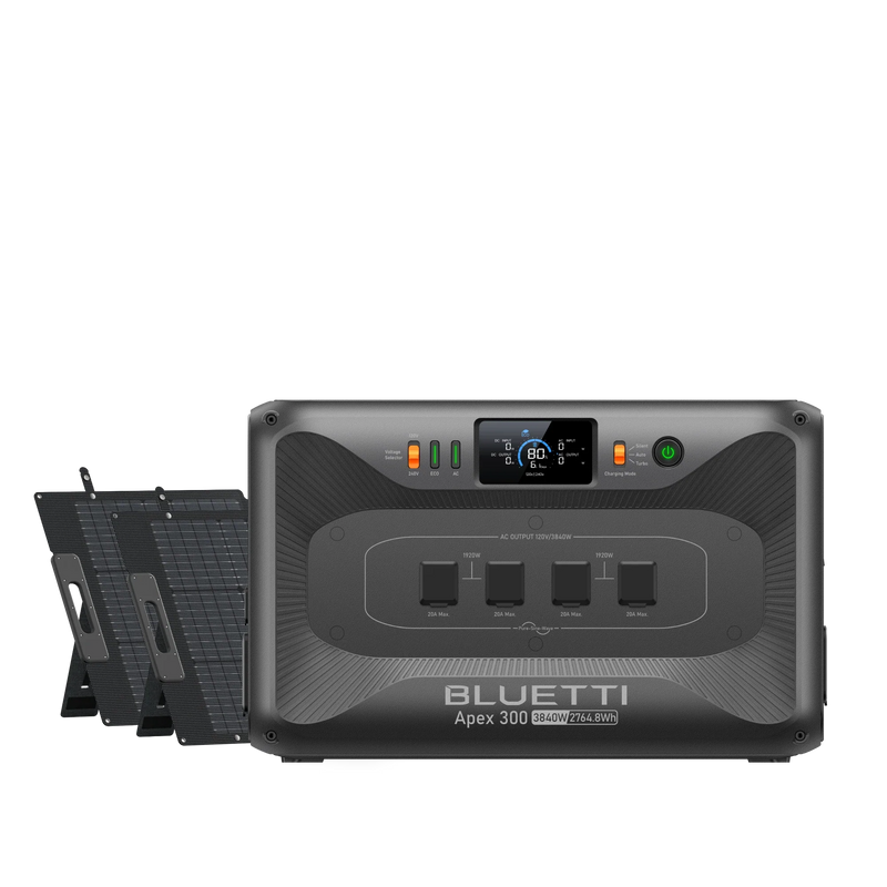 BLUETTI Apex 300 power station with two 200W solar panels