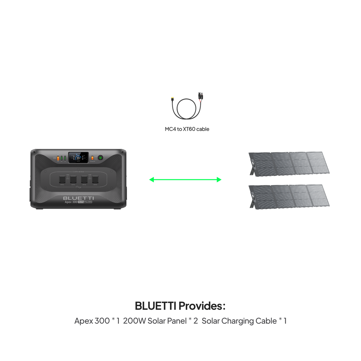 BLUETTI Apex 300 power station with two 200W solar panels