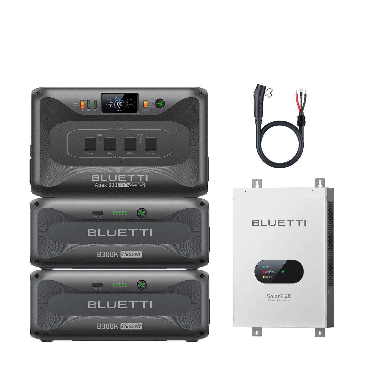 BLUETTI Apex 300 with two B300K batteries and SolarX 4K controller