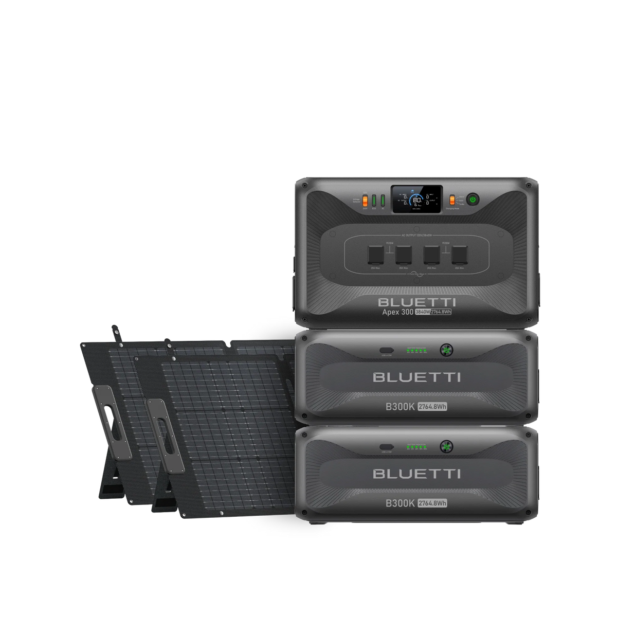 BLUETTI Apex 300 with two B300K batteries and two 200W solar panels