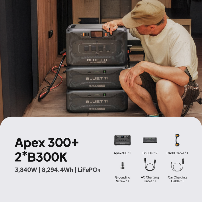BLUETTI Apex 300 power station with two B300K expansion batteries
