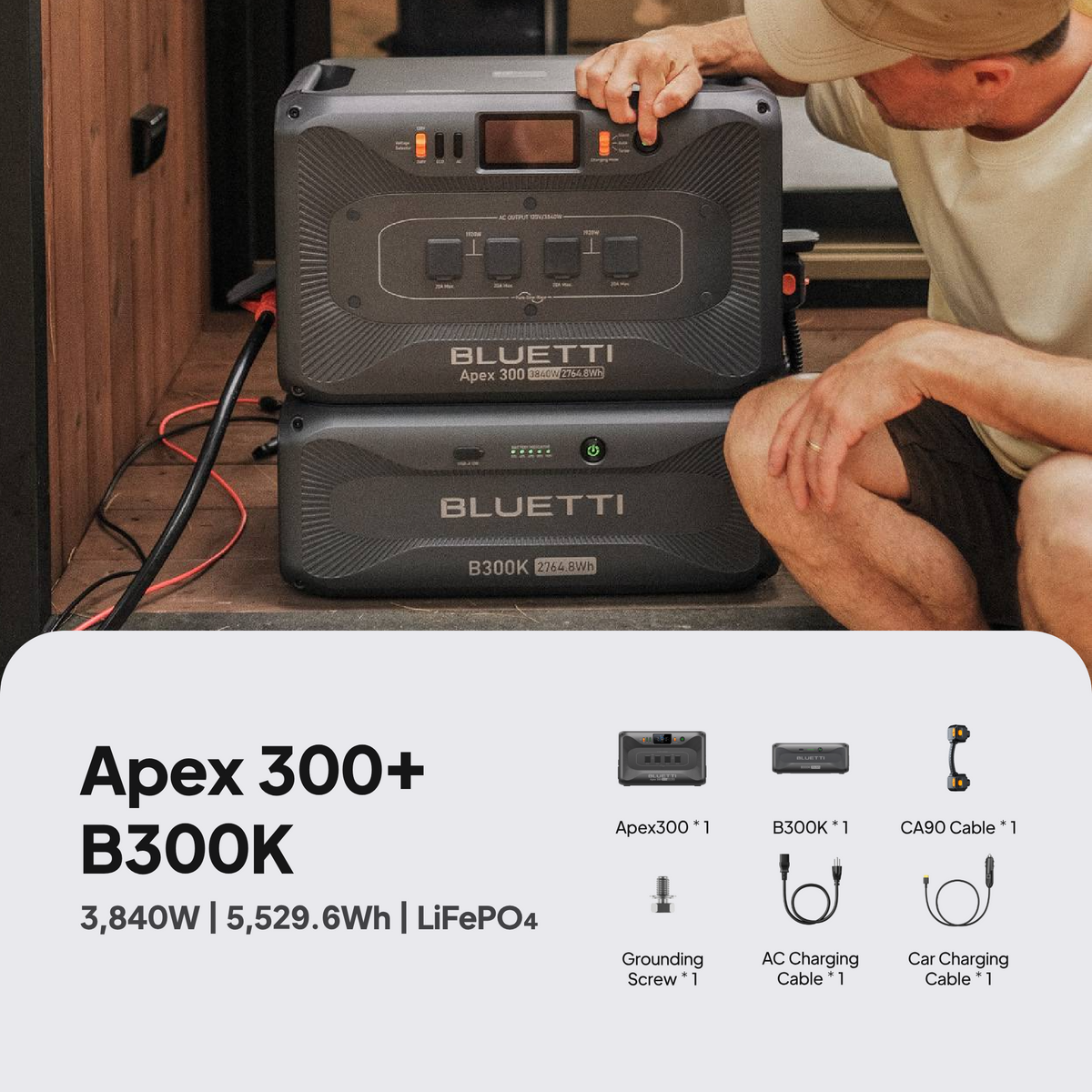 BLUETTI Apex 300 power station with one B300K expansion battery