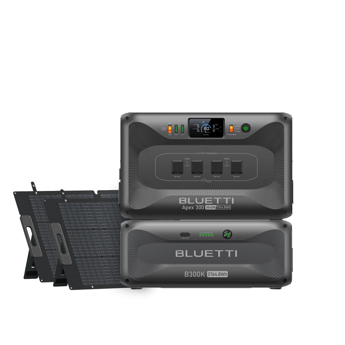 BLUETTI Apex 300 with B300K battery and two 200W solar panels
