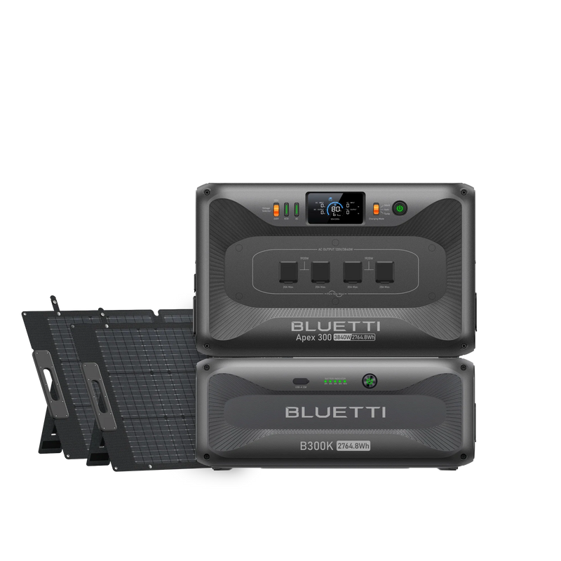 BLUETTI Apex 300 with B300K battery and two 200W solar panels
