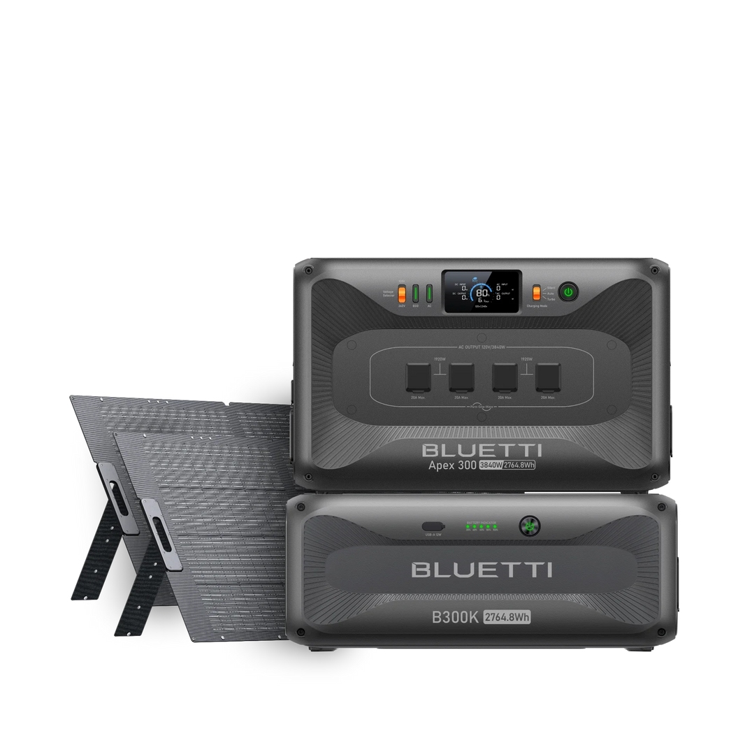 BLUETTI Apex 300 with B300K battery and two 350W solar panels