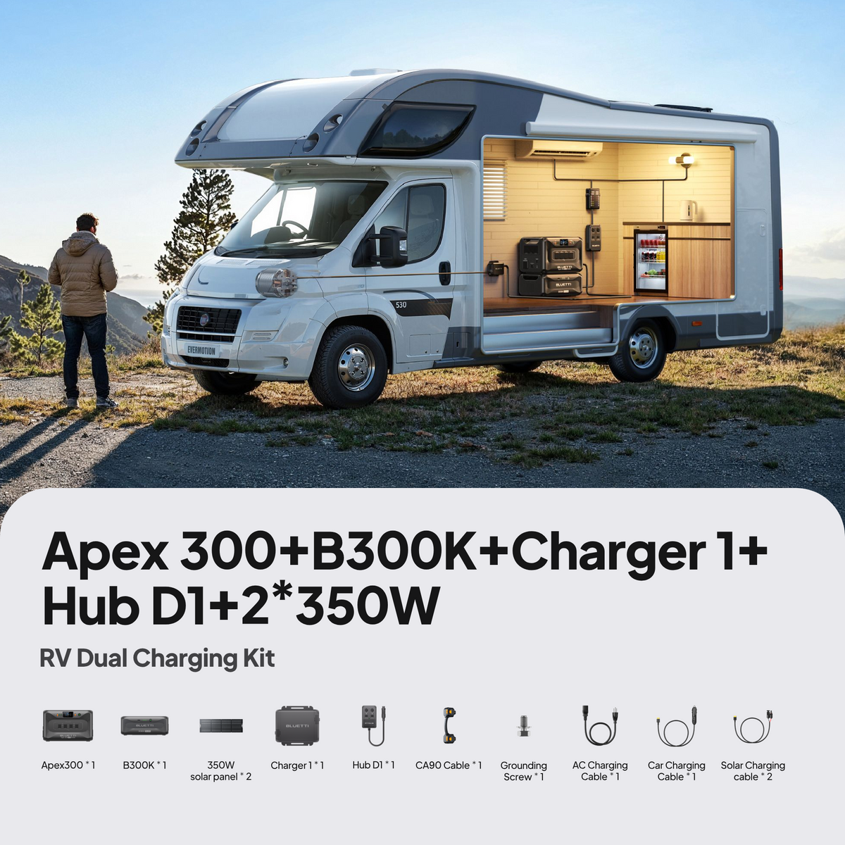 BLUETTI Apex 300 with B300K, Charger 1 and two 350W panels