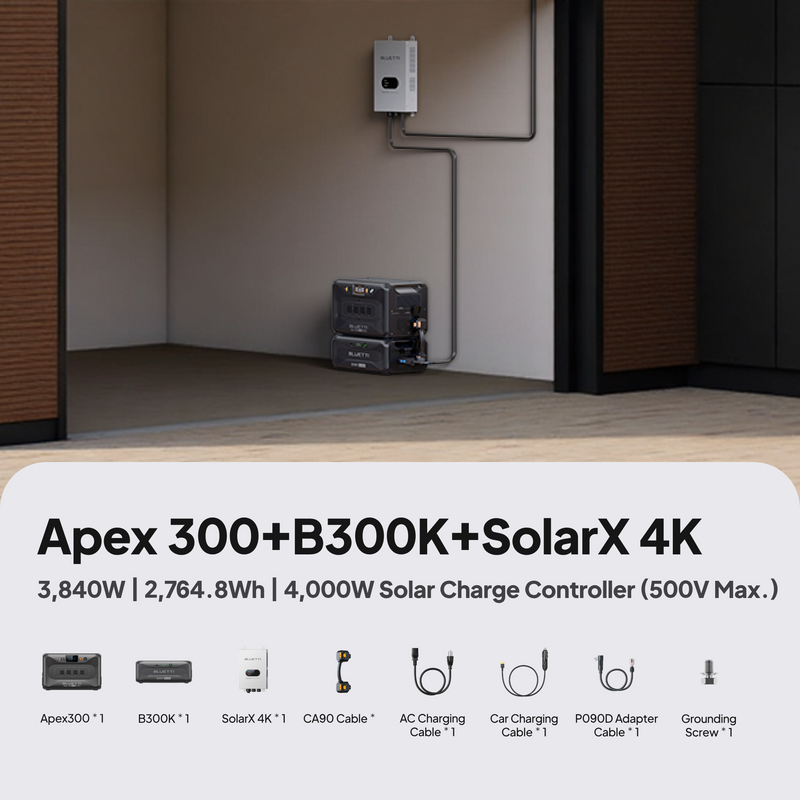 BLUETTI Apex 300 with B300K battery and SolarX 4K controller