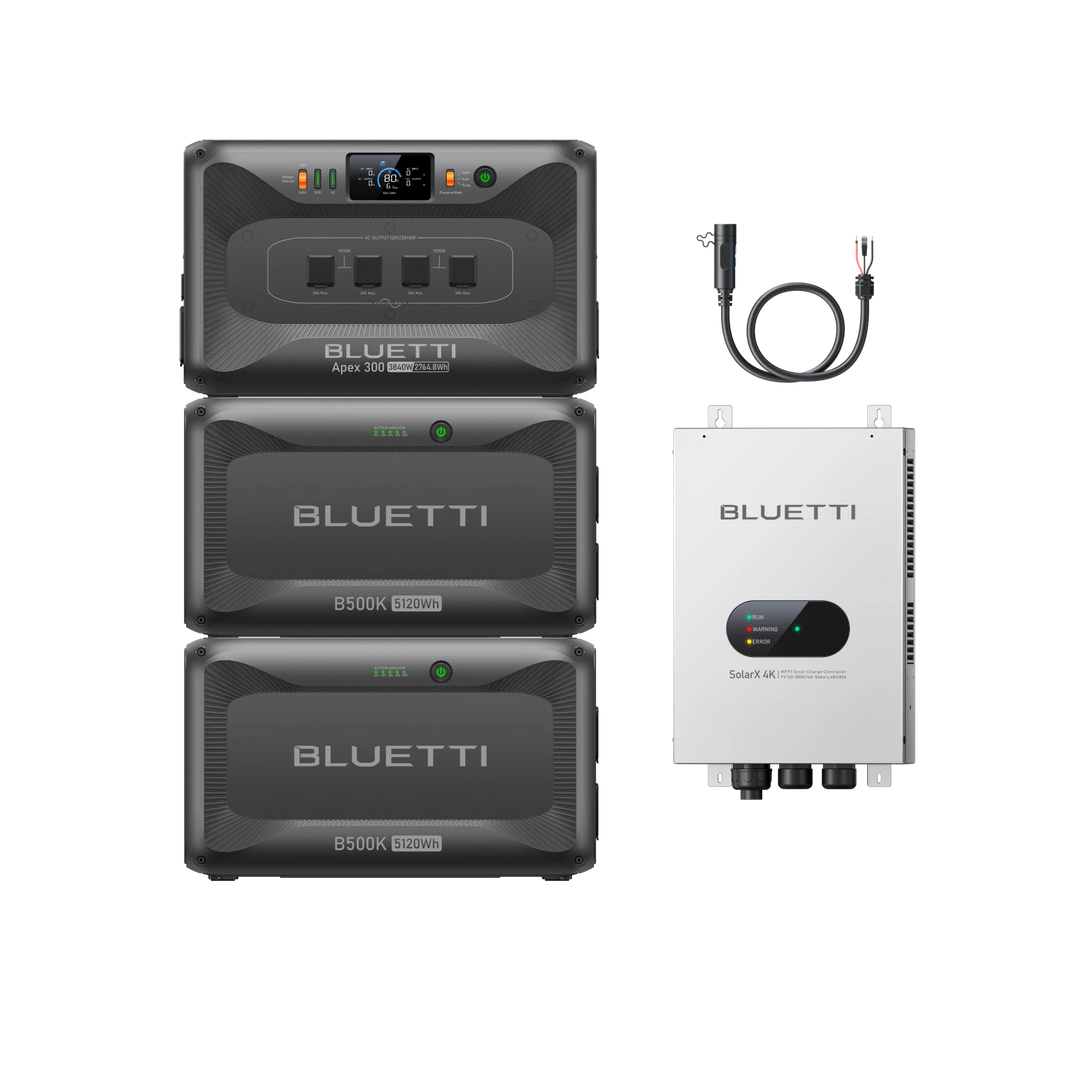 BLUETTI Apex 300 with two B500K batteries and SolarX 4K controller