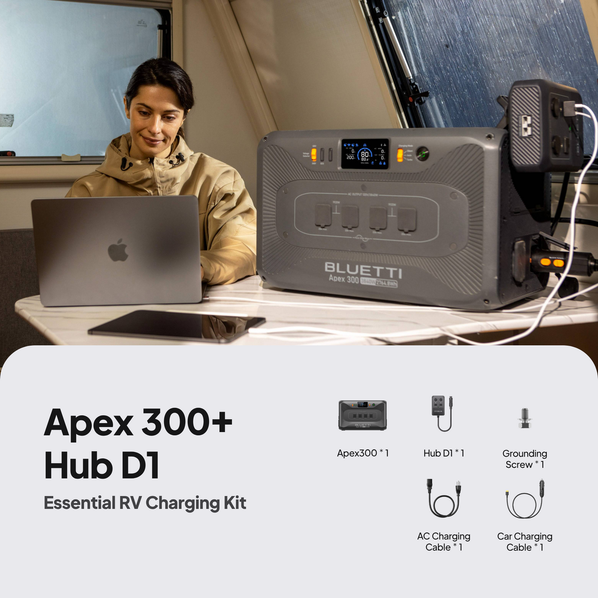 BLUETTI Apex 300 power station with Hub D1 for RV use