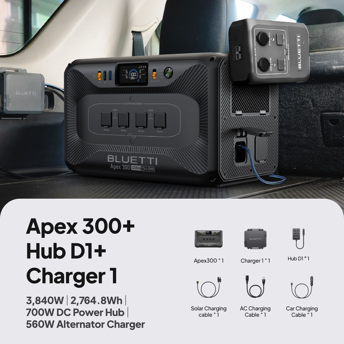 BLUETTI Apex 300 with Charger 1 alternator charger and Hub D1