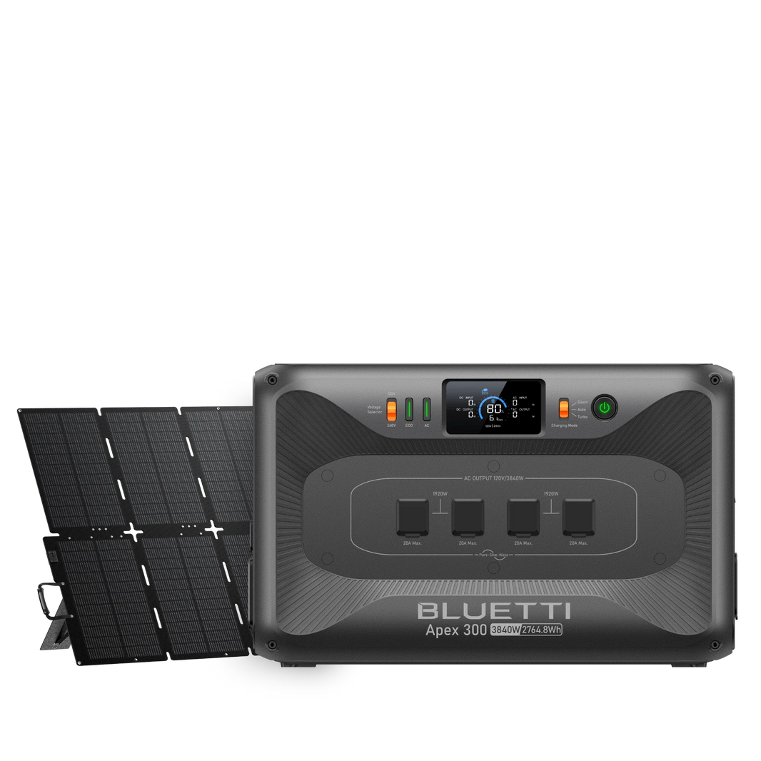 BLUETTI Apex 300 power station with one 500W solar panel