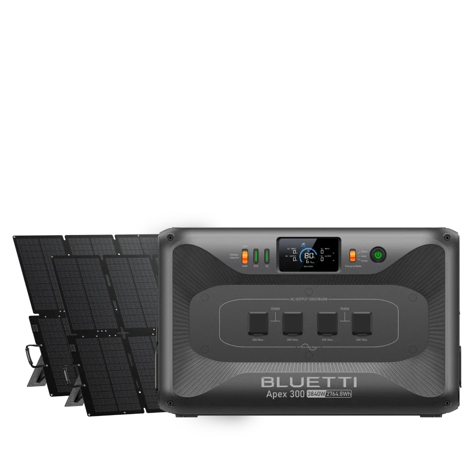 BLUETTI Apex 300 power station with two 500W solar panels