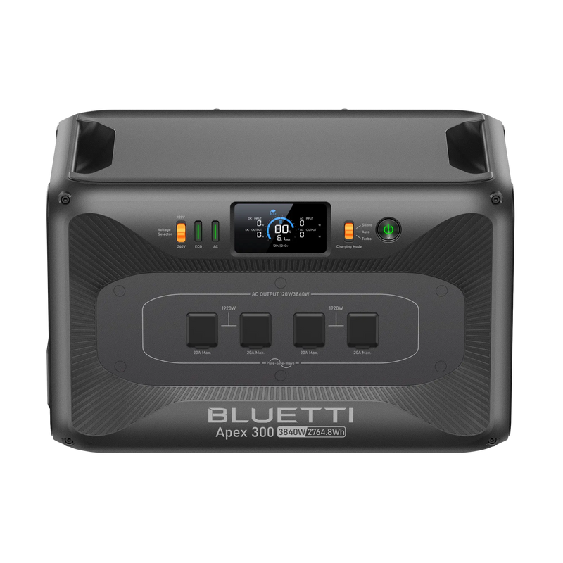 BLUETTI Apex 300 power station with two 500W solar panels