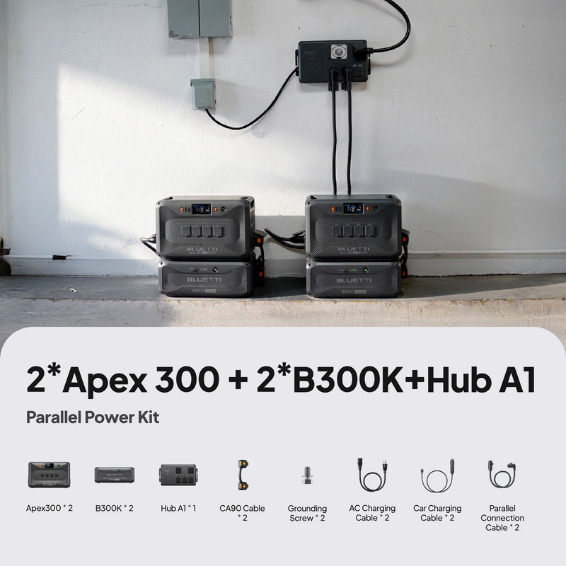 BLUETTI two Apex 300 stations with two B300K batteries and Hub A1