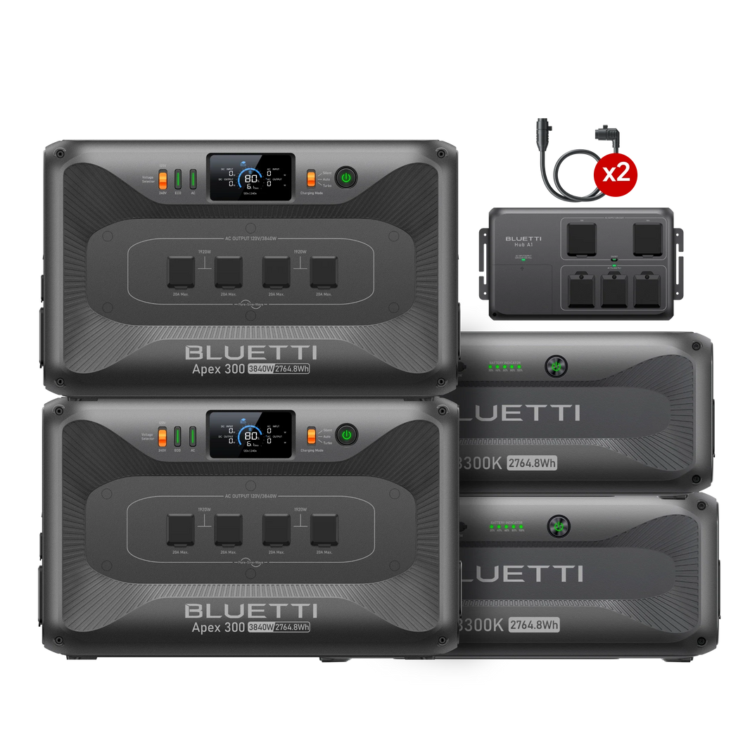 BLUETTI two Apex 300 stations with two B300K batteries and Hub A1
