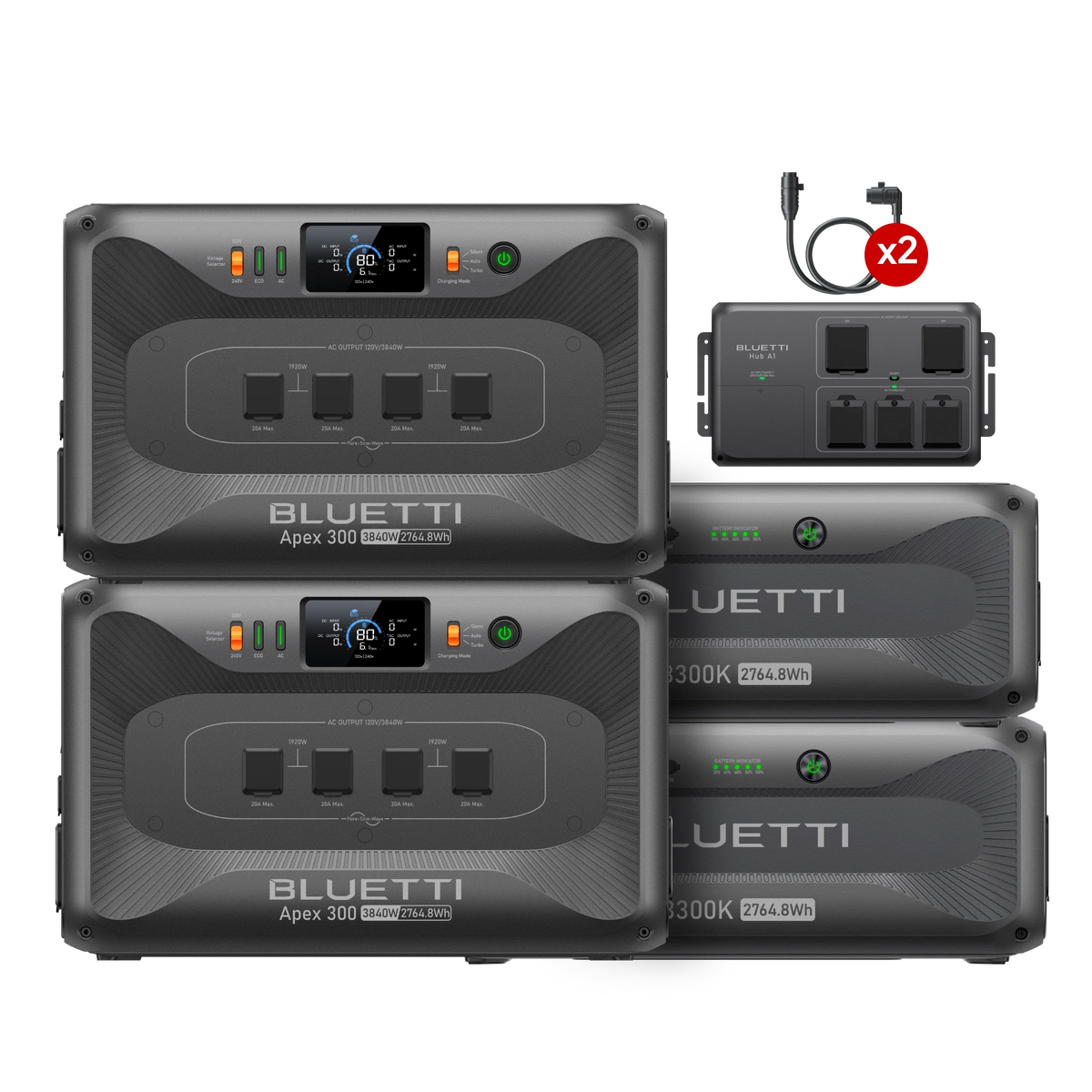 BLUETTI two Apex 300 stations with two B300K batteries and Hub A1