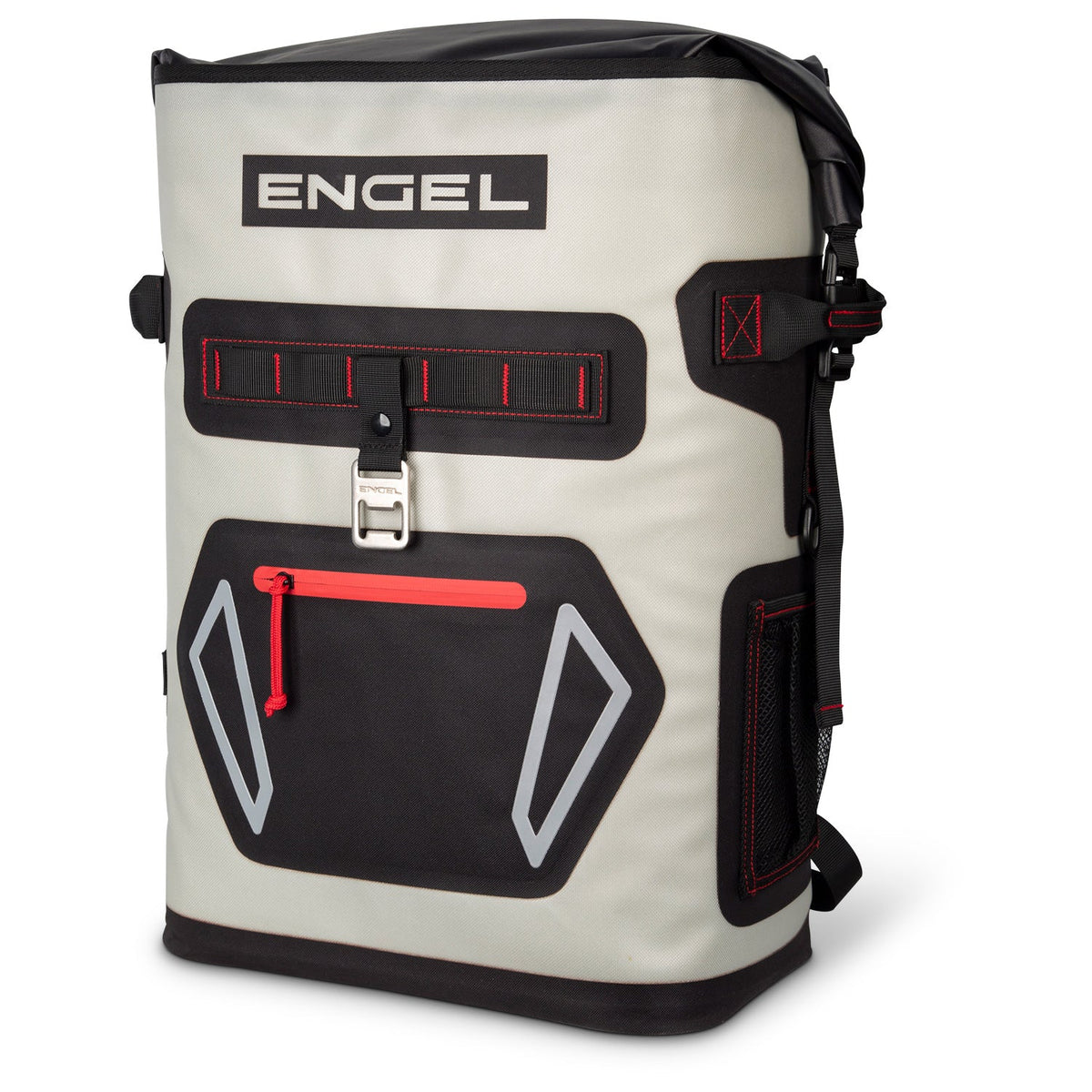 Engel BP25 Roll-Top High-Performance Backpack Cooler, 25 Qt - Light Gray & Red