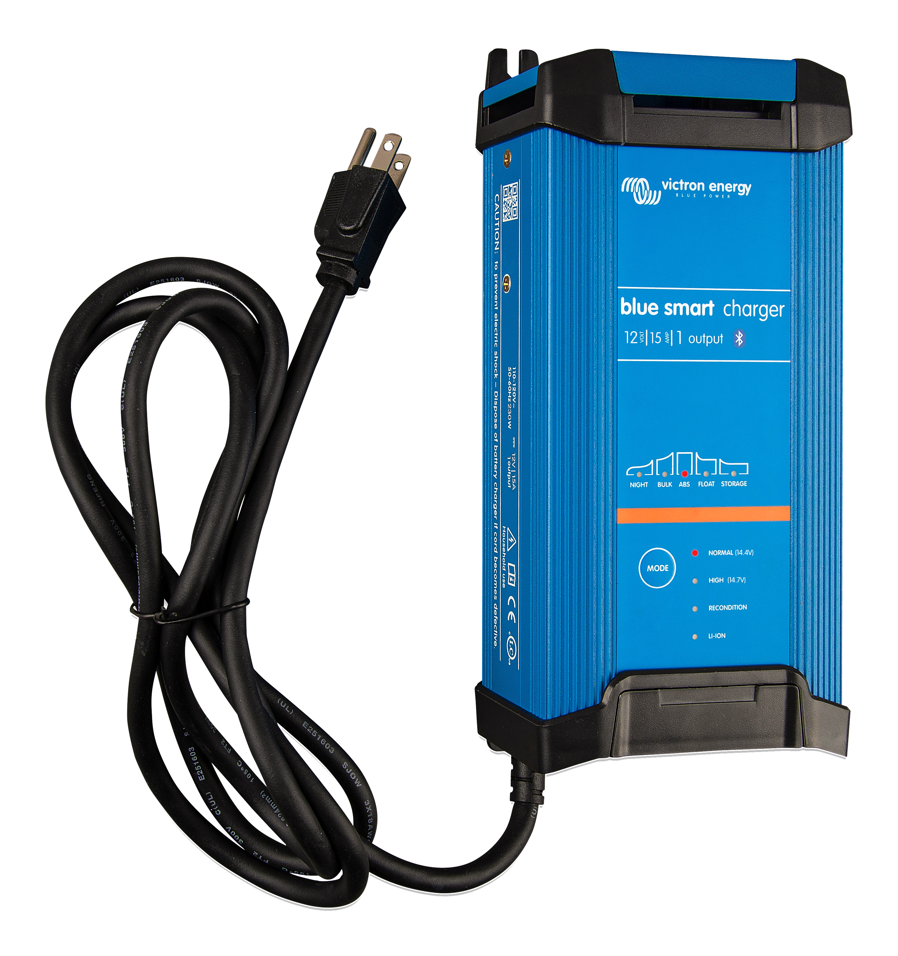Victron Energy - Blue Smart IP22 Charger(9.3 x 4.3 x 2.6)-1 output or 3 outputs, fan assisted cooling. With NEMA 5-15P plug. VE.Smart Network enabled.