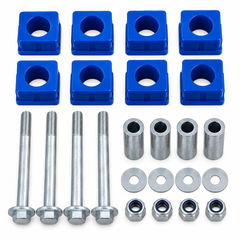 Blue polyurethane suspension bushing set with bolts, steel sleeves, washers and lock nuts
