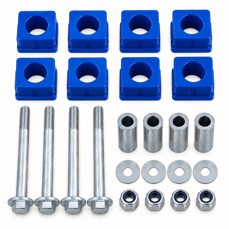 Blue polyurethane suspension bushing set with bolts, steel sleeves, washers and lock nuts
