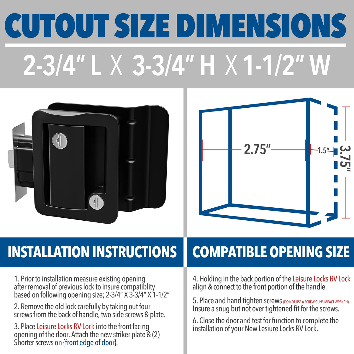 Door cutout size diagram: 2.5 x 3.5 in to 3 x 4 in