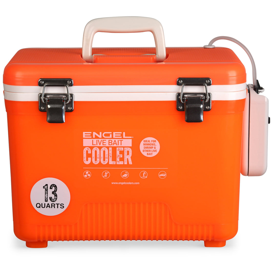 Engel 13 Qt Live Bait Cooler with Pull-Out Net and Air Pump - High-Viz Orange
