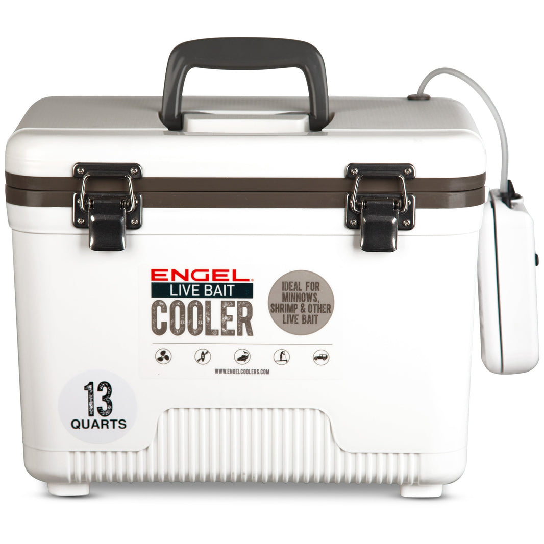 Engel 13 Qt Live Bait Cooler with Pull-Out Net and Air Pump - White